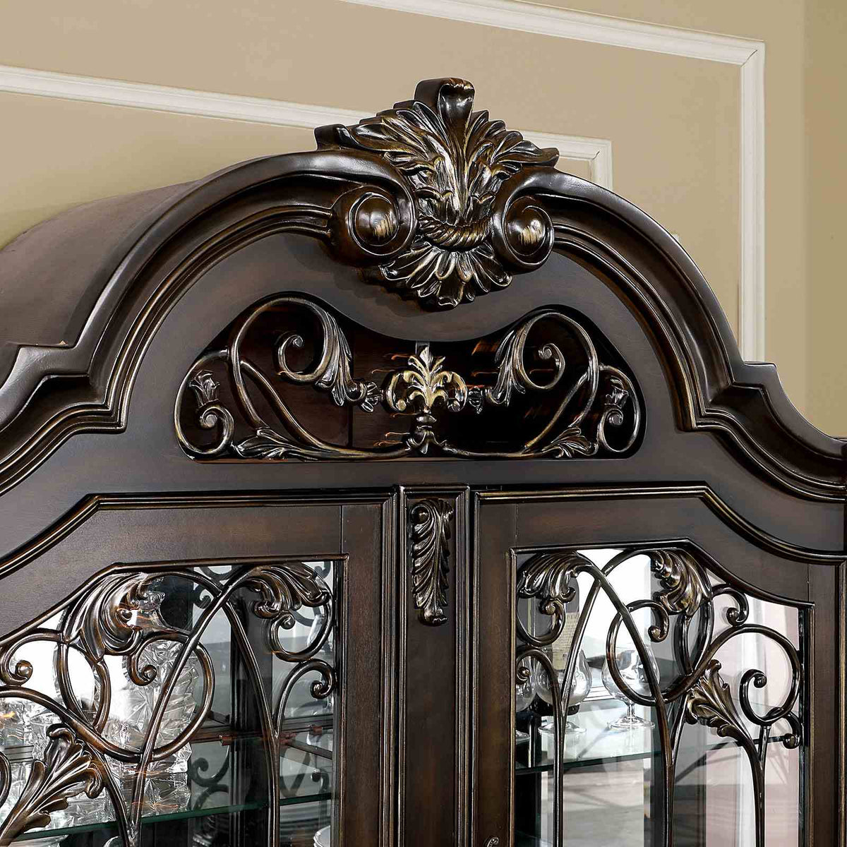 Lombardy Traditional 112" Extendable Trestle Dining Collection - Carved Details, Chairs & Hutch in Walnut – Brown, view 8
