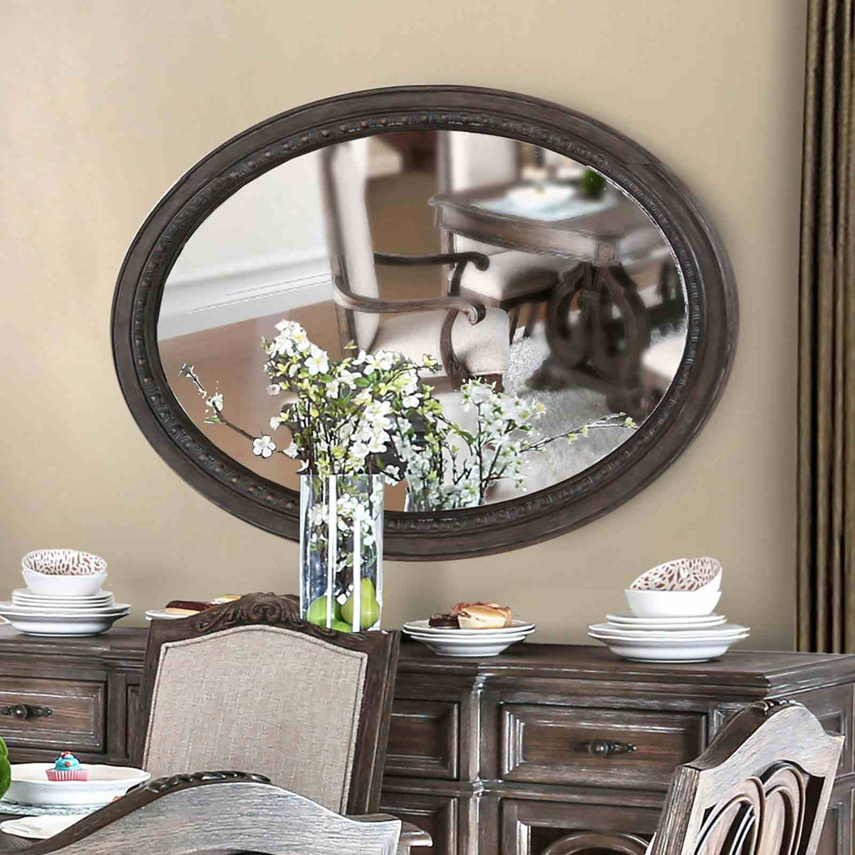 Arcadia Rustic Dining Collection with Wood Inlay - Oval Mirror