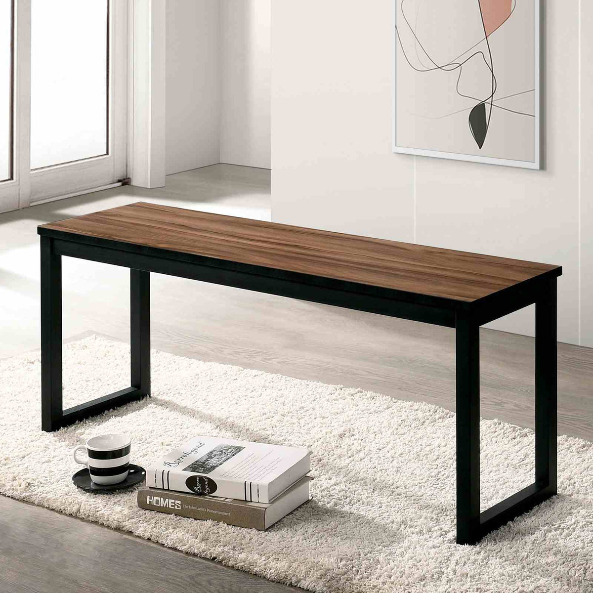 Tripoli Industrial 3-Piece Dining Set with Bench Seating - Metal Legs & Walnut/Black Finish – Brown & Black, view 2