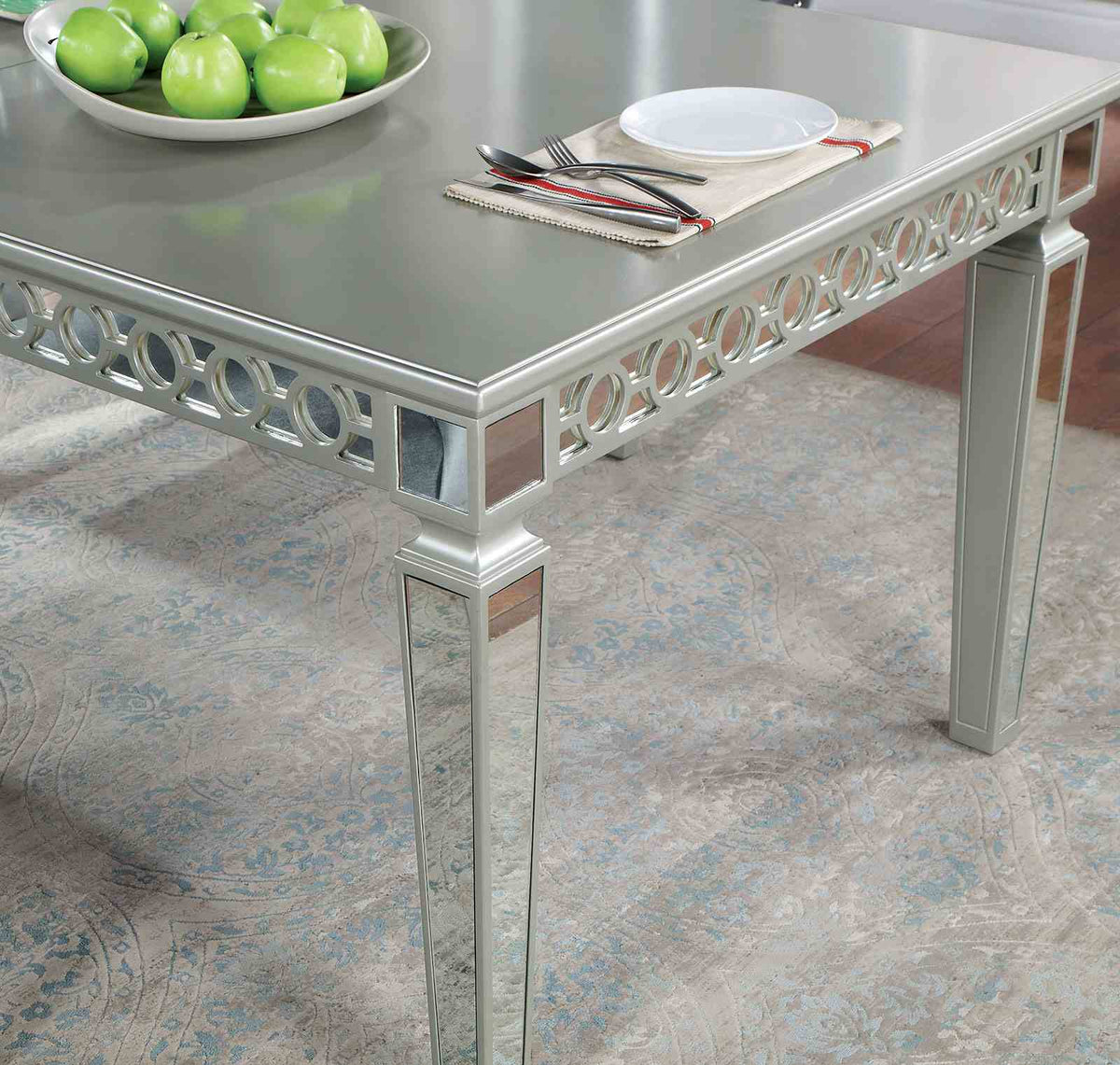 Adalia Glam 90" Extendable Dining Table & Wingback Chairs - Mirror Accents & Silver Finish – Silver & Gray, view 3