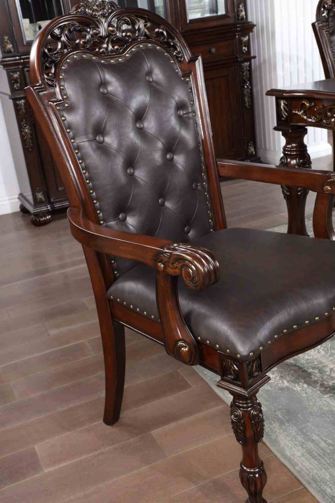 Nouvelle Traditional Dining Collection - 95" Extendable Table, Tufted Chairs & Hutch Buffet in Brown Cherry – Brown, view 7