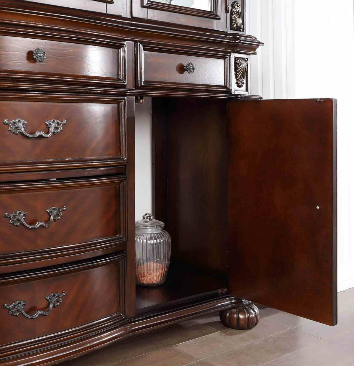 Nouvelle Traditional Dining Collection - 95" Extendable Table, Tufted Chairs & Hutch Buffet in Brown Cherry – Brown, view 12