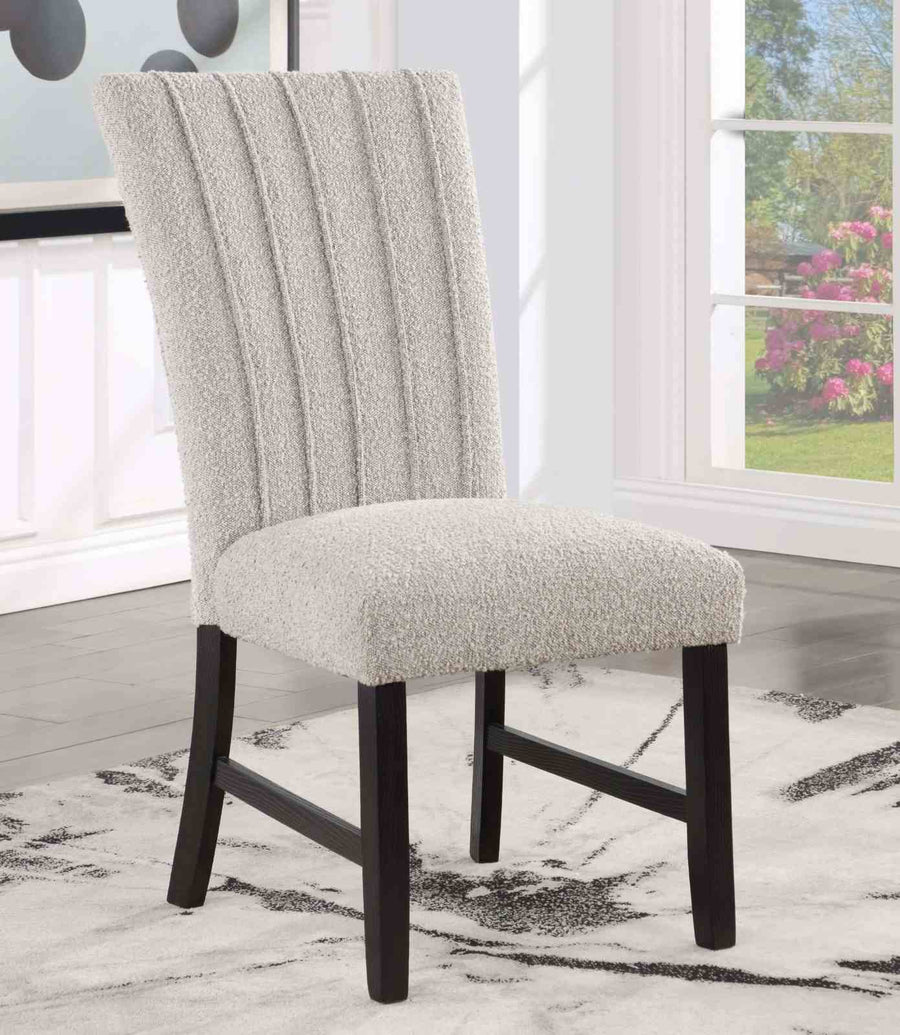 Opheim Contemporary Boucle Dining Chairs, Set of 2 - Vertical Pleated Back & Black Wood Legs in Gray