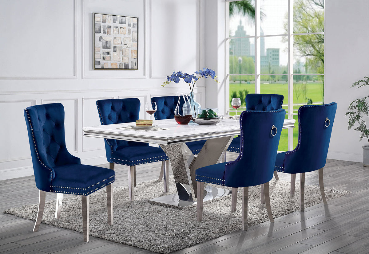 Valdevers Glam 78" Faux Marble Dining Table & Set - 5pcs- Table + 4 Navy Wingback Chairs