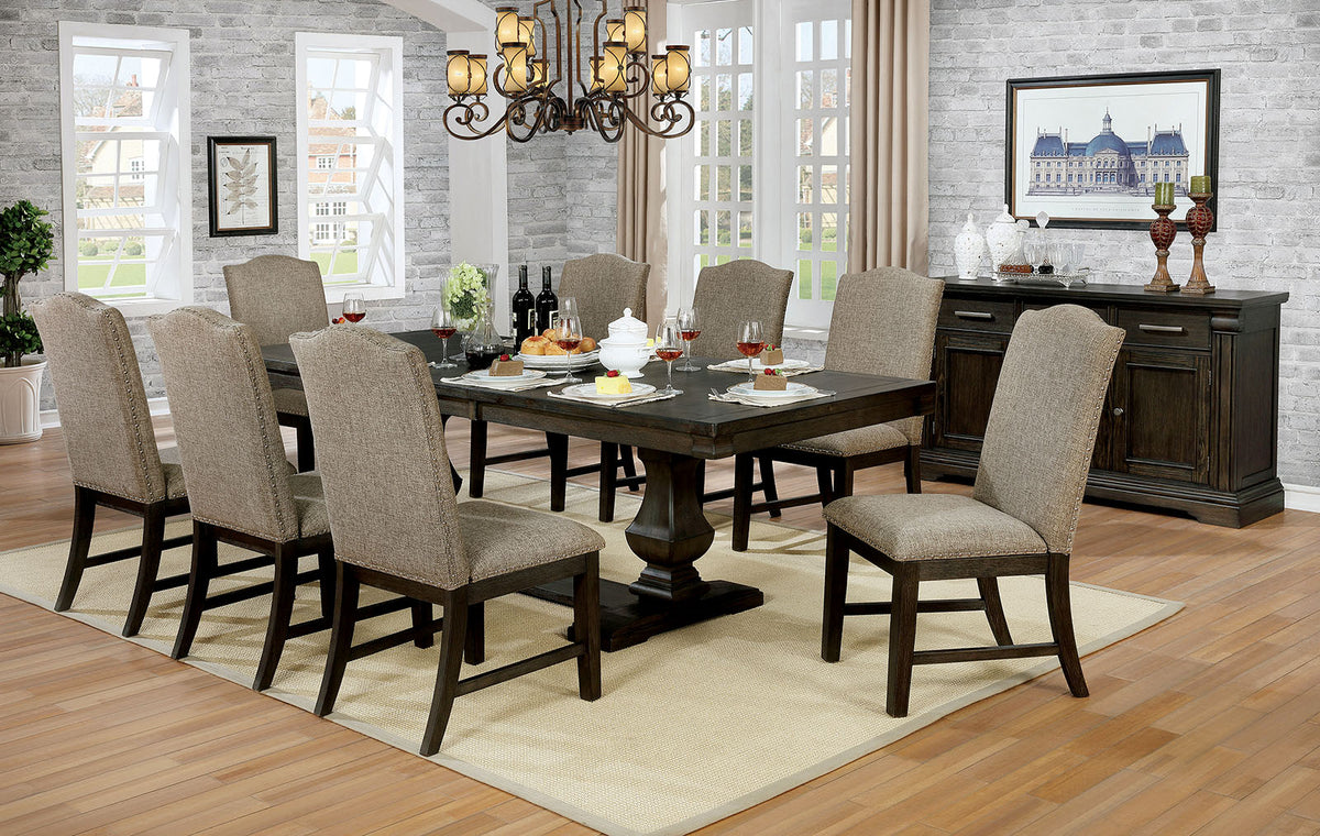 Faulk Transitional Extendable Double Pedestal Dining Collection - Table, Nailhead Chairs, Bench & Server in Espresso & Warm Gray – Brown & Gray, view 13