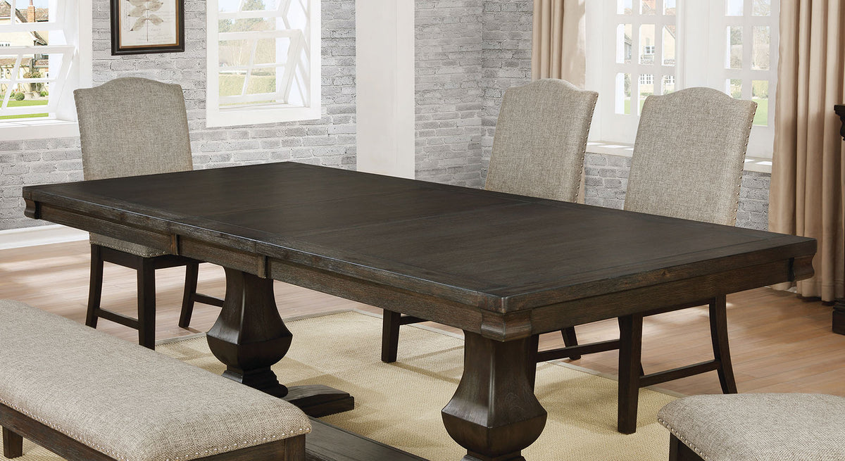 Faulk Transitional Extendable Double Pedestal Dining Collection - Table, Nailhead Chairs, Bench & Server in Espresso & Warm Gray – Brown & Gray, view 7
