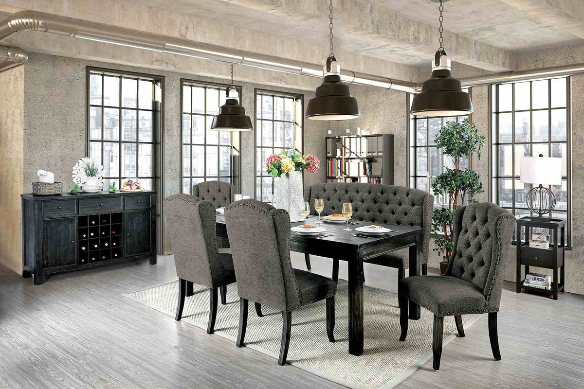 Sania Rustic Dining Collection - 6pcs- 84" Table + 4 Wingback Chairs + 3-Seat Bench