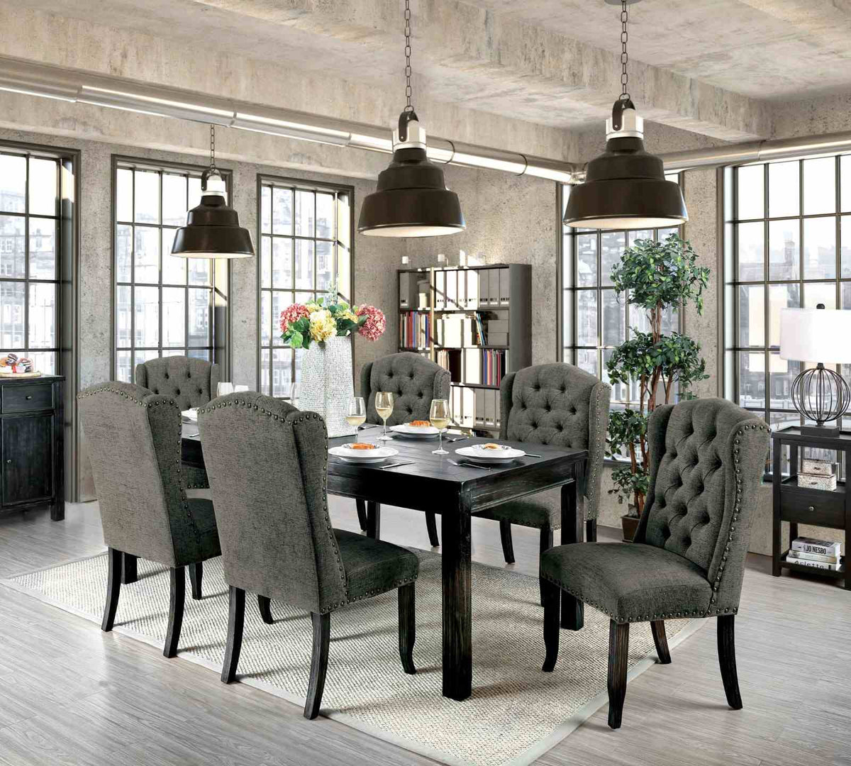 Sania Rustic Dining Collection - 7pcs- 84" Table + 6 Wingback Chairs