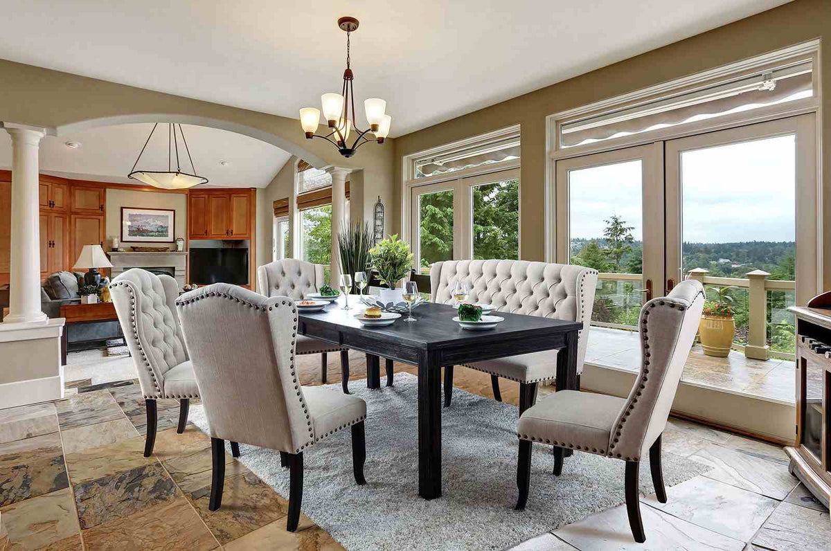 Sania Rustic Dining Collection - 72" or 84" Extendable Table with Wingback & Tufted Chairs in Antique Black – Black & Beige, view 5
