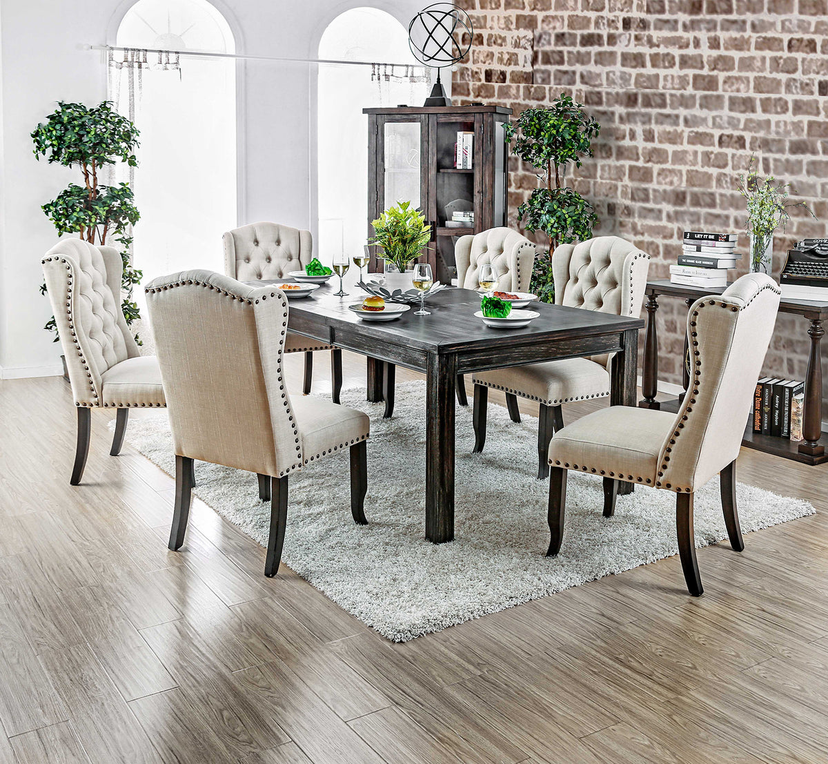 Sania Rustic Dining Collection - 72" or 84" Extendable Table with Wingback & Tufted Chairs in Antique Black – Black & Beige, view 4