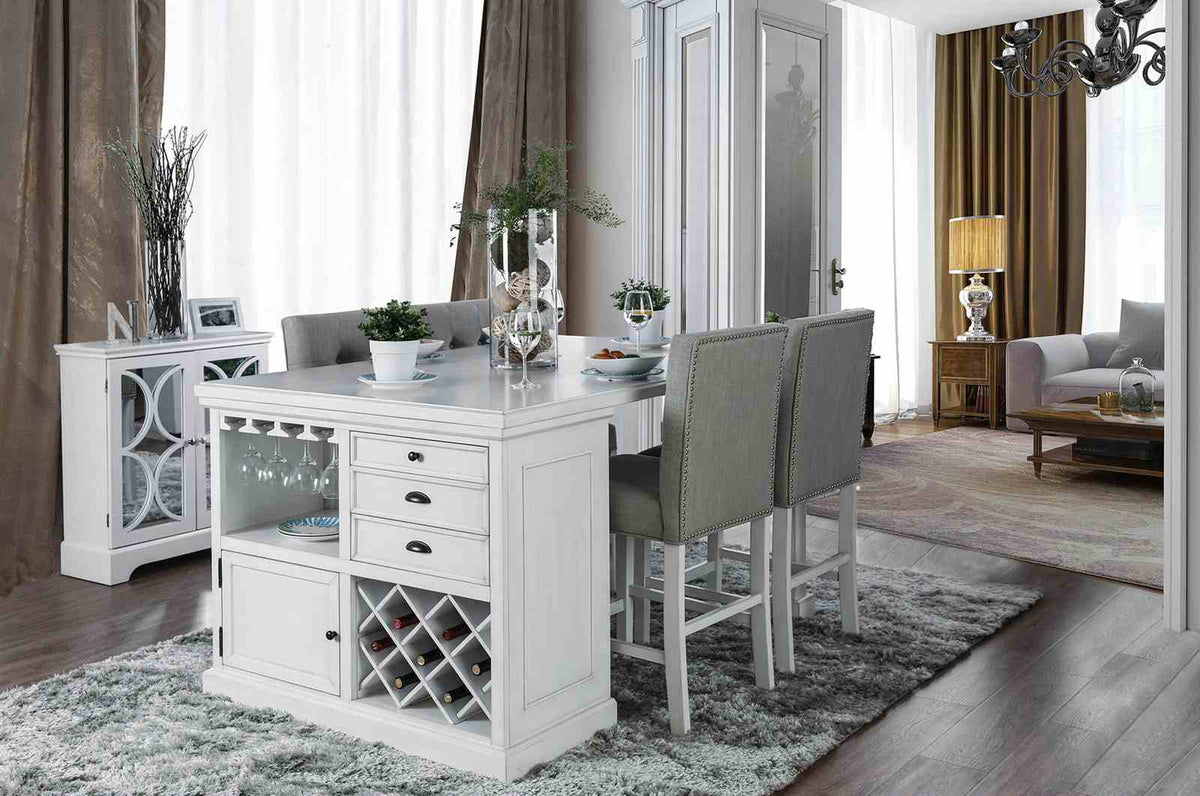 Sutton Transitional Counter Height Table & Dining Set - Wine Rack & Stemware Storage with Tufted Chairs in Antique White – White, view 2