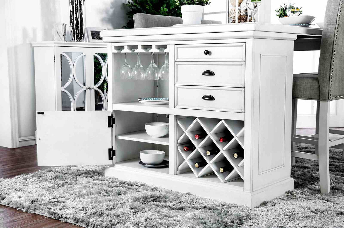 Sutton Transitional Counter Height Table & Dining Set - Wine Rack & Stemware Storage with Tufted Chairs in Antique White – White, view 5