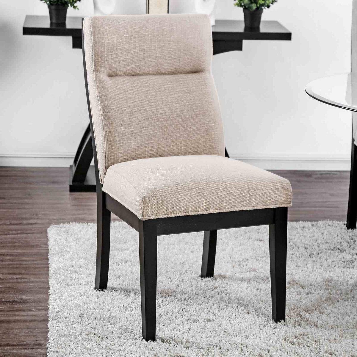 Jasmin Contemporary 52" Round Glass Dining Table & Set - Criss Cross Base & Tufted Chairs – Beige & Black, view 5