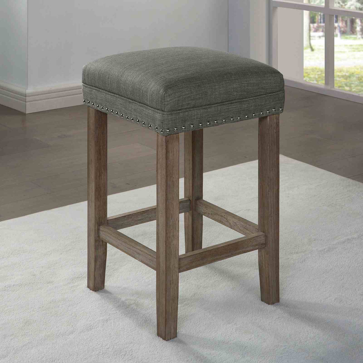 Caerleon Rustic Counter Height Dining Set with USB & Power Outlet - Nailhead Stools in Wire-Brushed Gray or Antique Blue – Gray & Blue, view 4