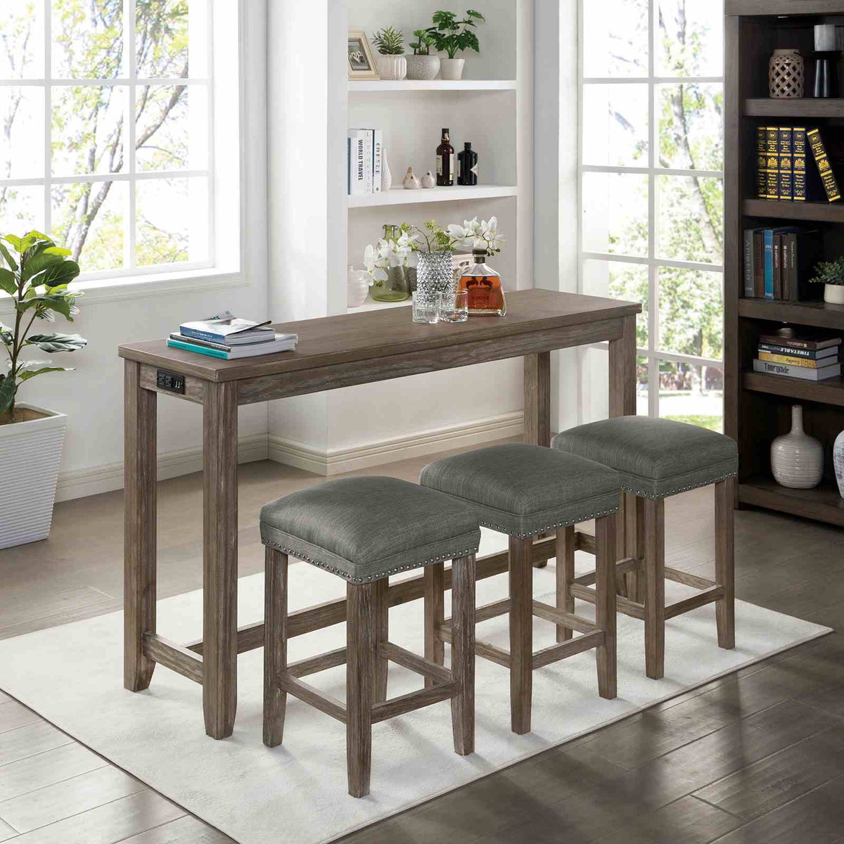 Caerleon Rustic Counter Height Dining Set with USB & Power Outlet - 4pcs- 64" Table + 3 Stools