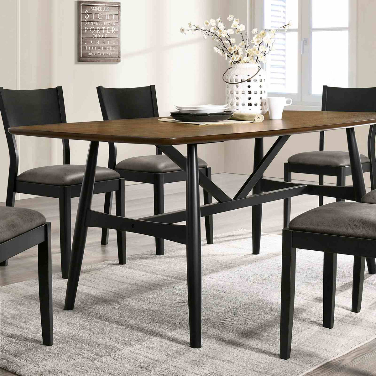 Oberwil Mid-Century Modern Trestle Dining Table & Set - Plank Top & Two-Tone Antique Oak/Black – Brown & Black, view 2