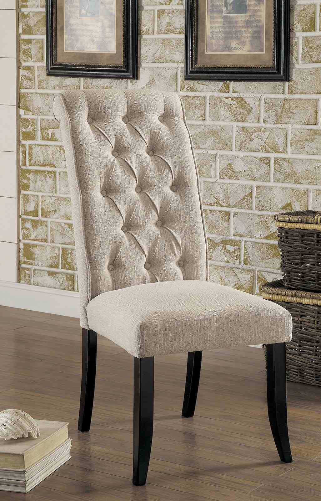 Marshall Rustic Button-Tufted Scroll Back Dining Chairs (Set of 2) - Antique Black / Beige