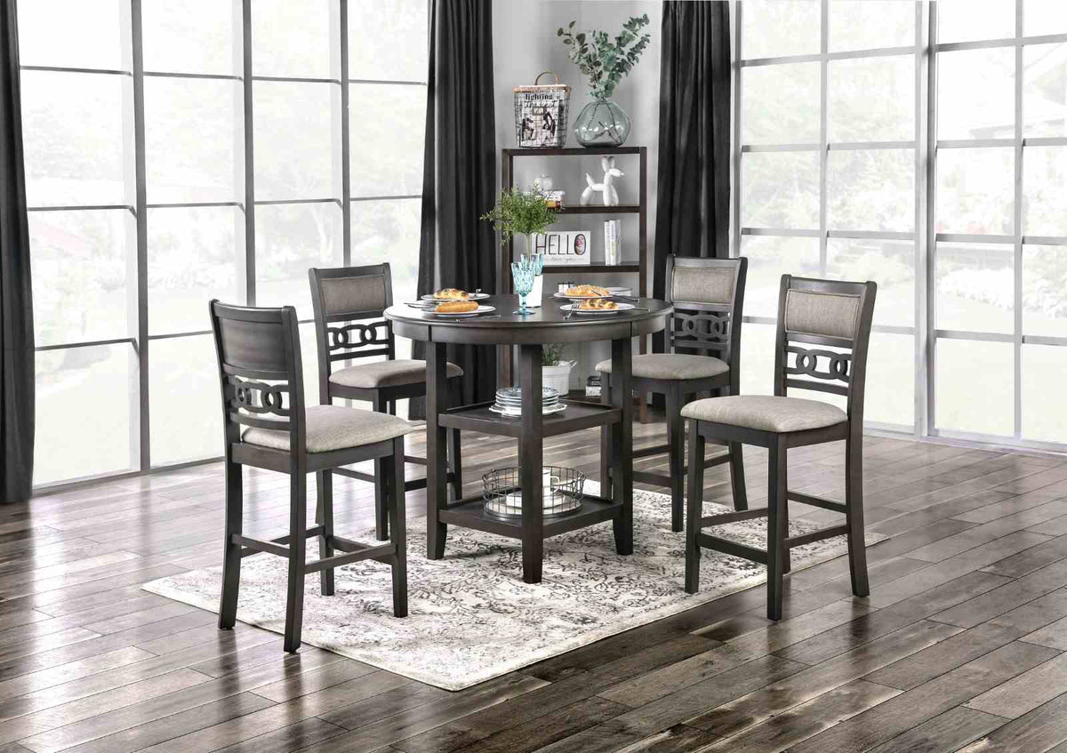 Milly Transitional 5-Piece Counter Height Dining Set - Round Table with Shelves & Padded Chairs in Gray – Gray, view 2