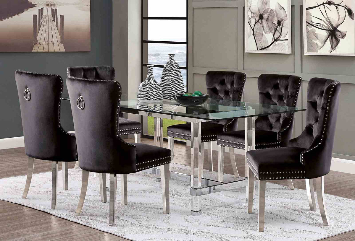 Jewett Wingback Dining Chairs (Set of 2) - Button Tufted Flannelette with Nailhead Trim & Chrome Legs – Black & Gray, view 6