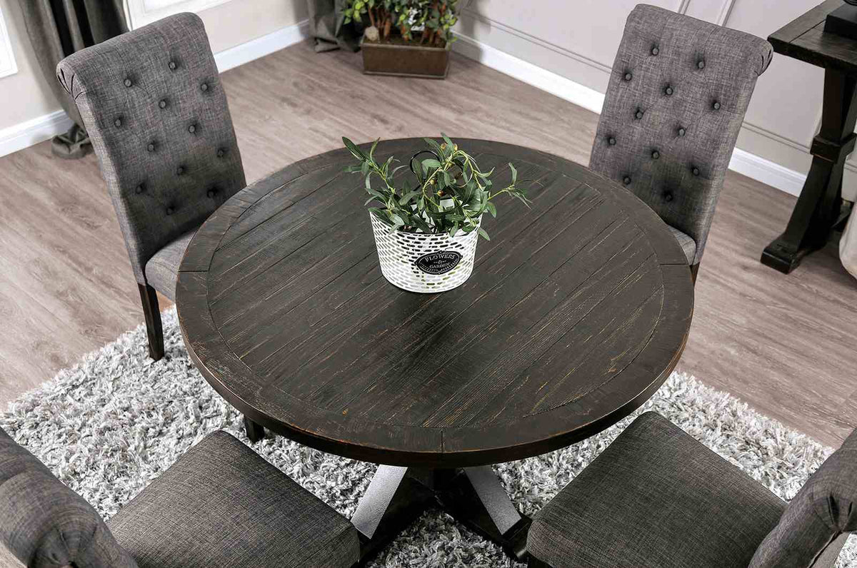 Alfred Rustic Dining Collection - 48" Round & 72" Trestle Tables, Button-Tufted Chairs & Bench in Antique Black – Black & Gray, view 16