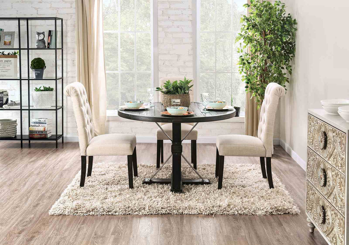 Alfred Rustic Dining Collection - 48" Round & 72" Trestle Tables, Button-Tufted Chairs & Bench in Antique Black – Black & Gray, view 19