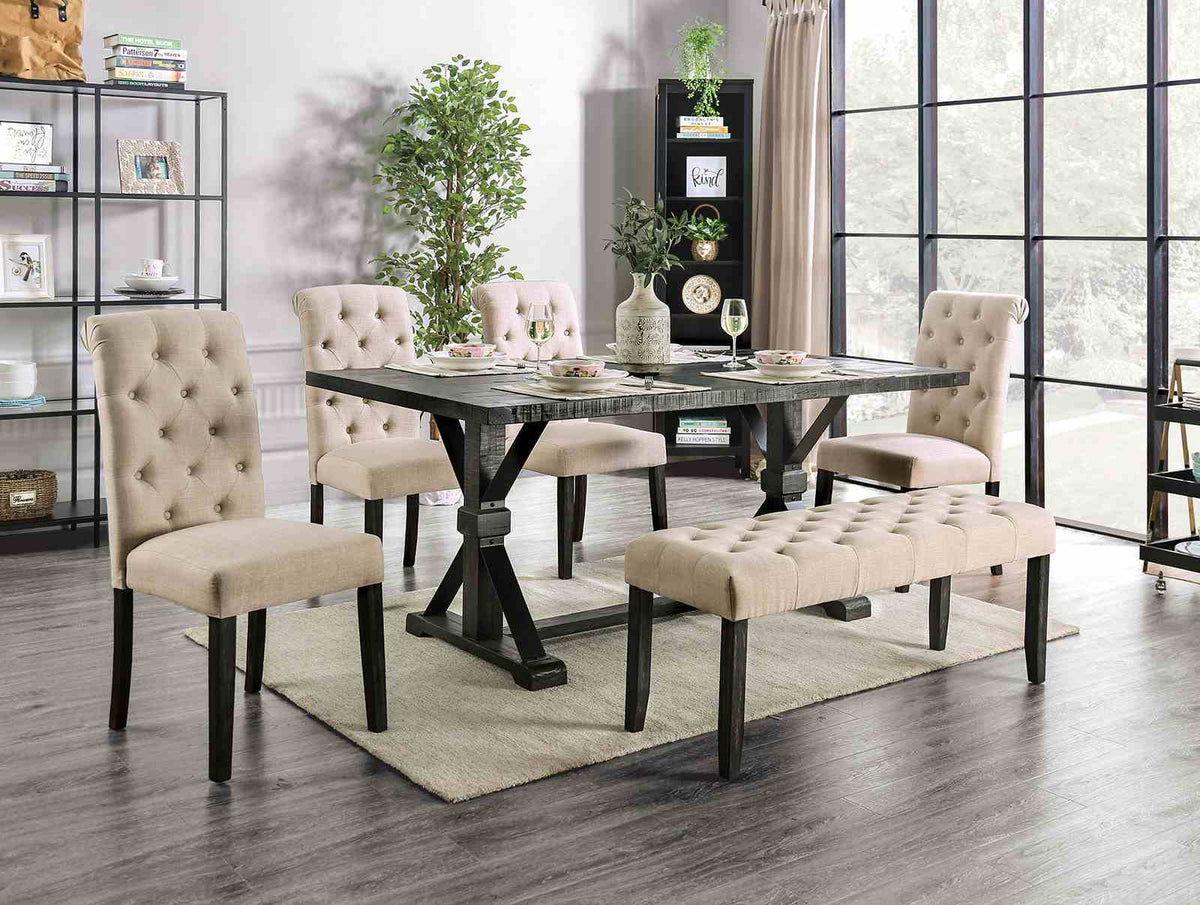Alfred Rustic Dining Collection - 6pcs- Trestle Table + 4 Side Chairs + Bench