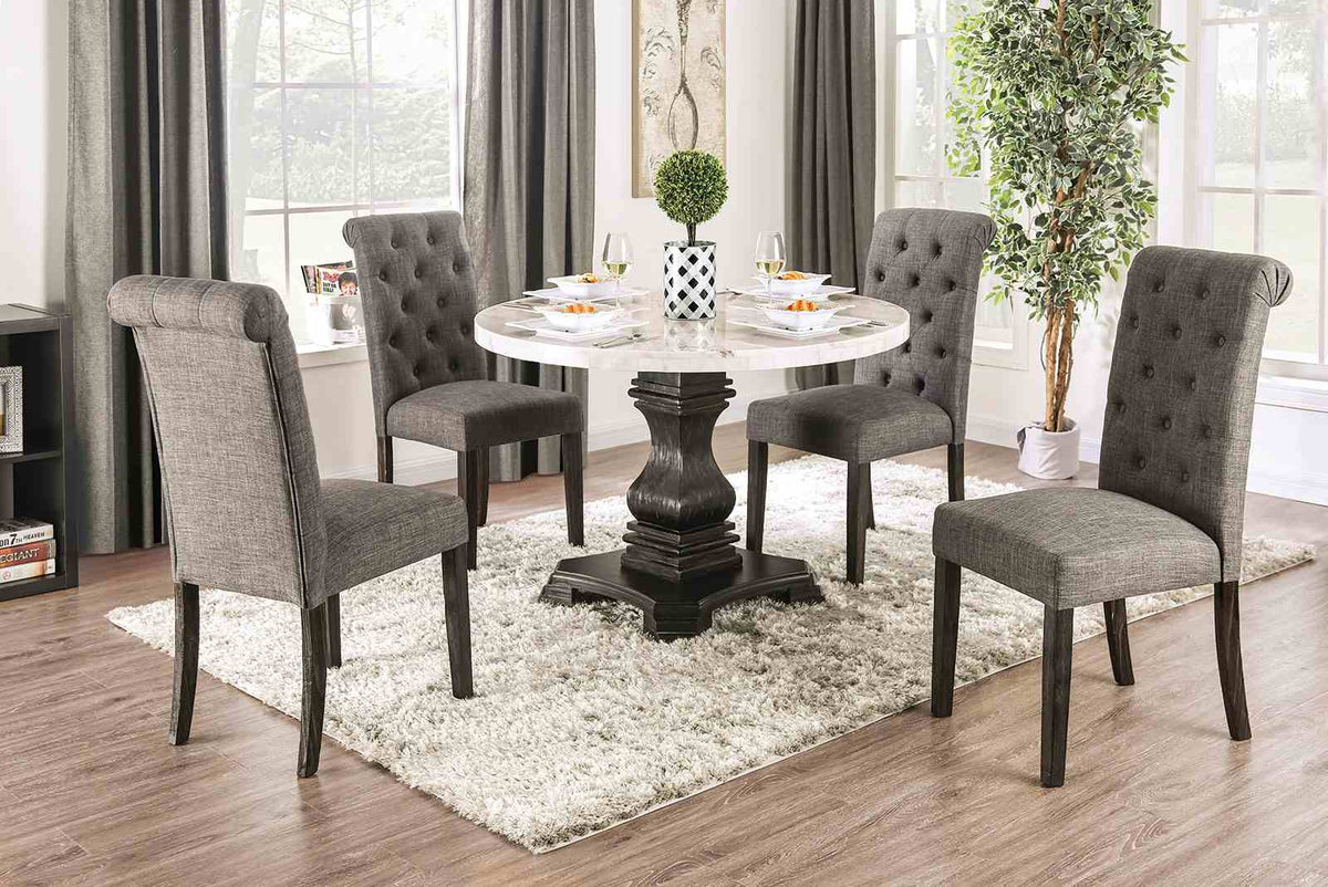 Elfredo Rustic 48" Round Marble Top Dining Table & 5-Piece Set - 5pcs- Table + 4 Gray Chairs