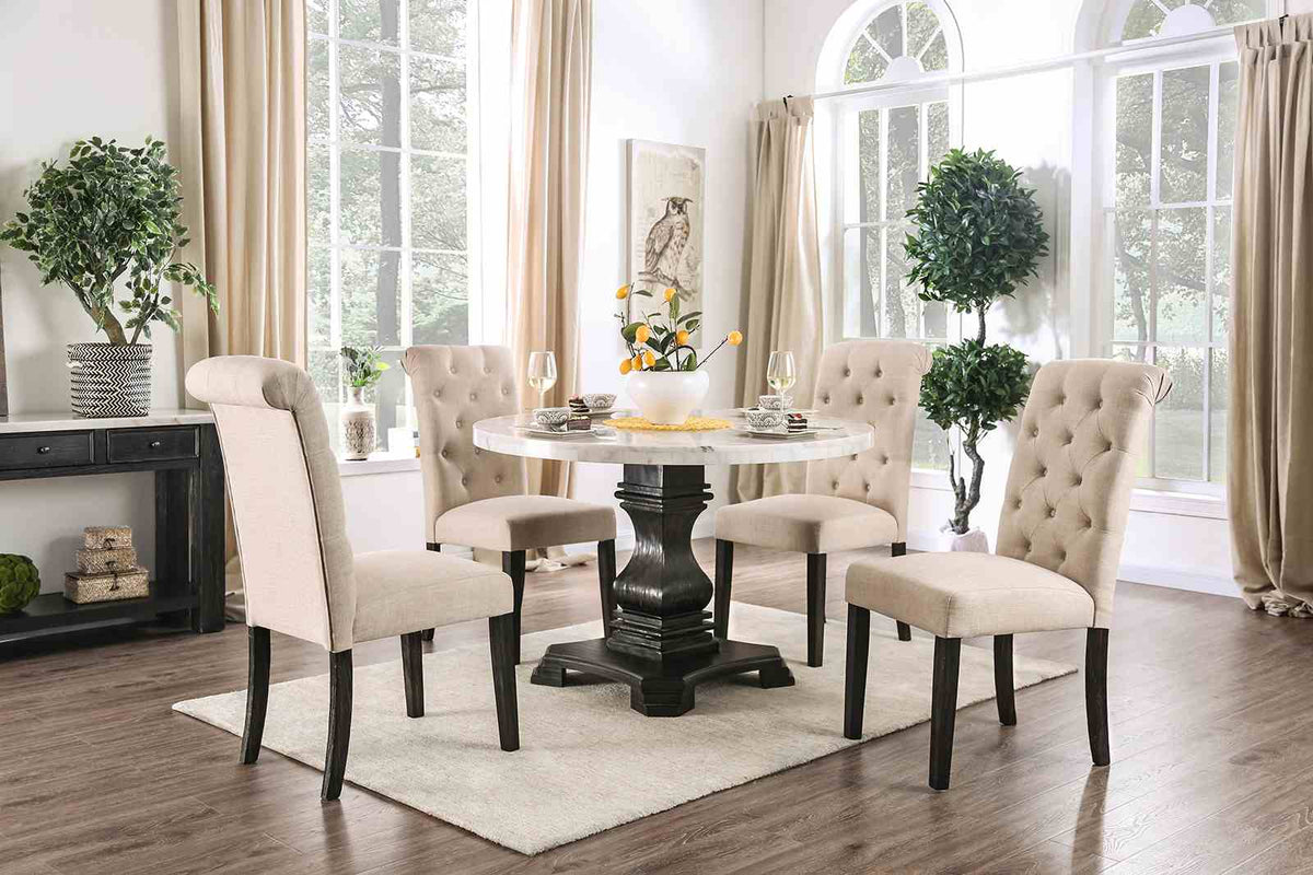Elfredo Rustic 48" Round Marble Top Dining Table & 5-Piece Set - Scroll Back Chairs in White & Antique Black – White & Black, view 2