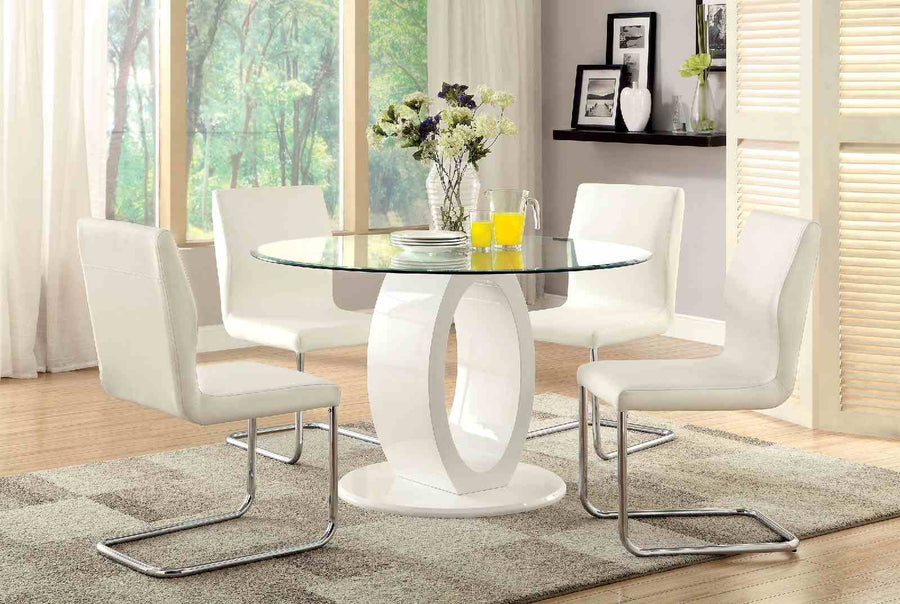 Lodia I Contemporary Glass Top Dining Table & Chairs - Chrome Accents & White or Black Leatherette