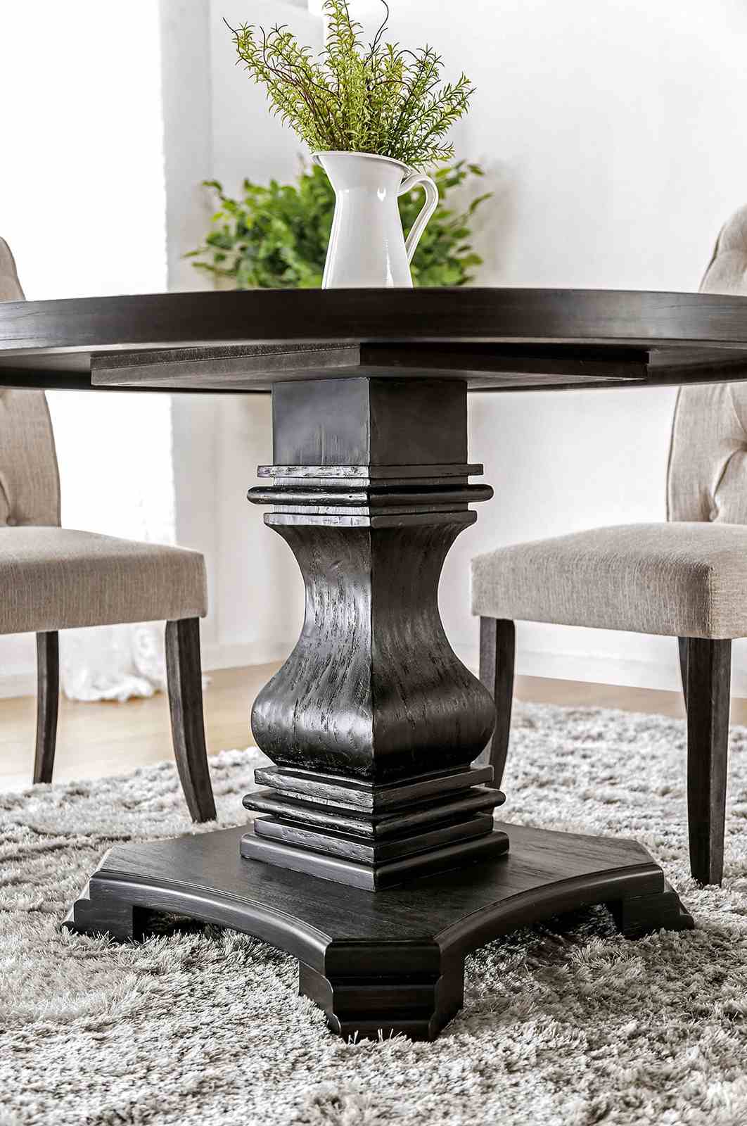 Nerissa Rustic Dining Collection - 48" Round Pedestal or 84" Trestle Table with Button Tufted Chairs in Antique Black – Black & Beige, view 4