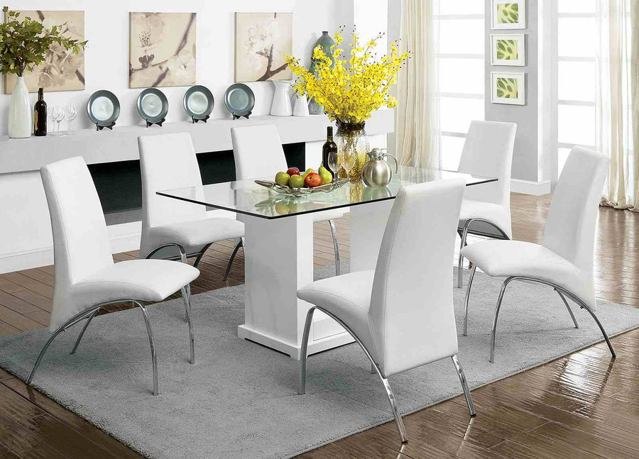 Eva Contemporary 59" Glass Top Dining Table - High Gloss Lacquer Twin Panel Base in White