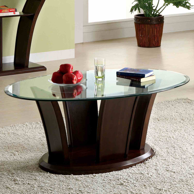 Manhattan IV Contemporary Coffee, End & Sofa Tables - Beveled Glass Top in Brown Cherry