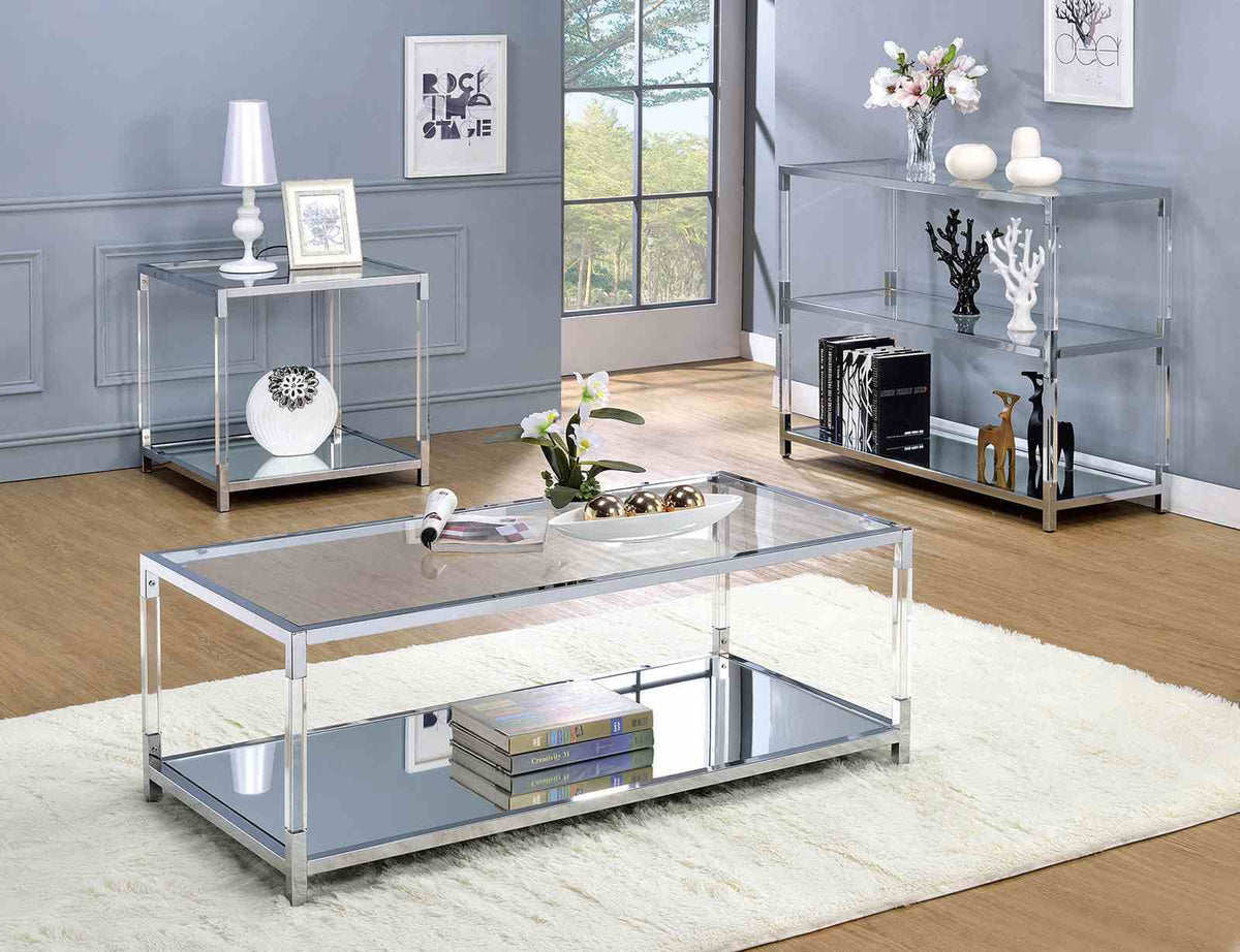 Ludvig Contemporary Glass & Chrome Sofa Table - Tempered Glass with Mirror Accent – Silver, view 2