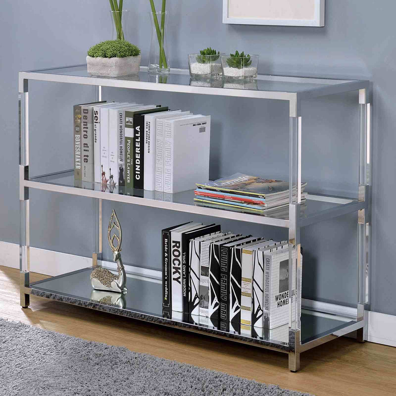 Ludvig Contemporary Glass & Chrome Sofa Table - Tempered Glass with Mirror Accent