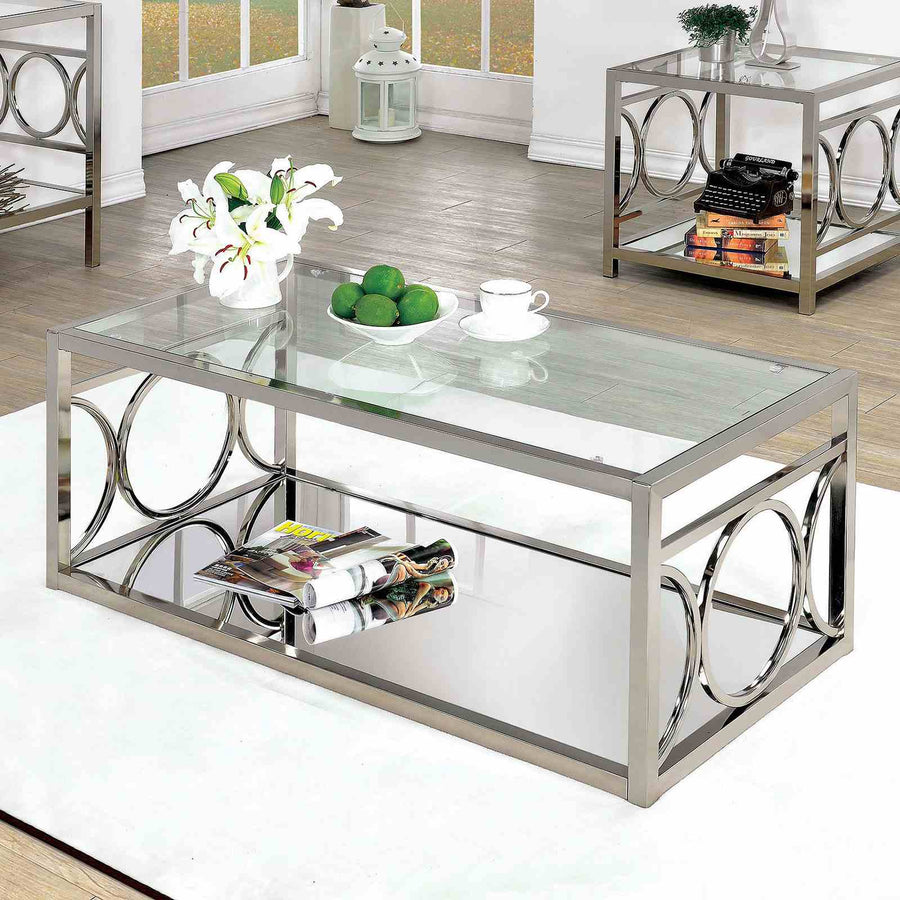 Rylee Contemporary Coffee Table - Chrome Metal with Mirror Accents & Beveled Glass Top