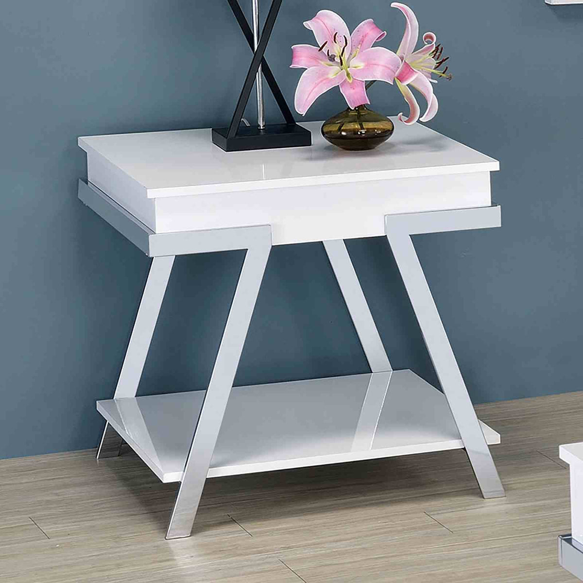 Titus Contemporary High Gloss White & Chrome Occasional Tables - End Table