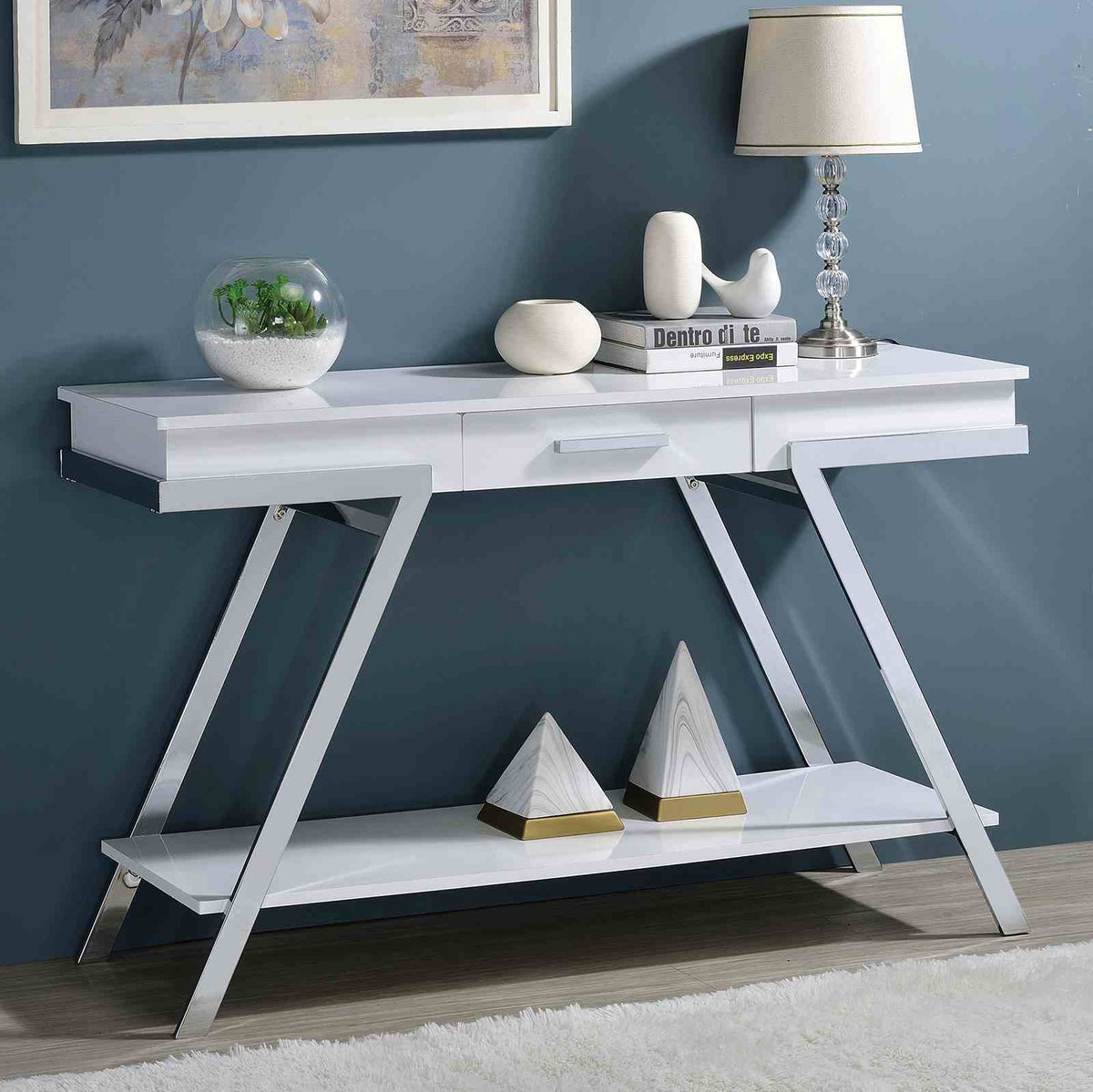 Titus Contemporary High Gloss White & Chrome Occasional Tables - Sofa Table