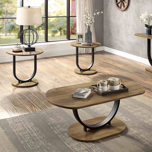 Olbia Industrial Coffee Table Set & Sofa Table - U-Shaped Steel Base in Rustic Oak & Sand Black