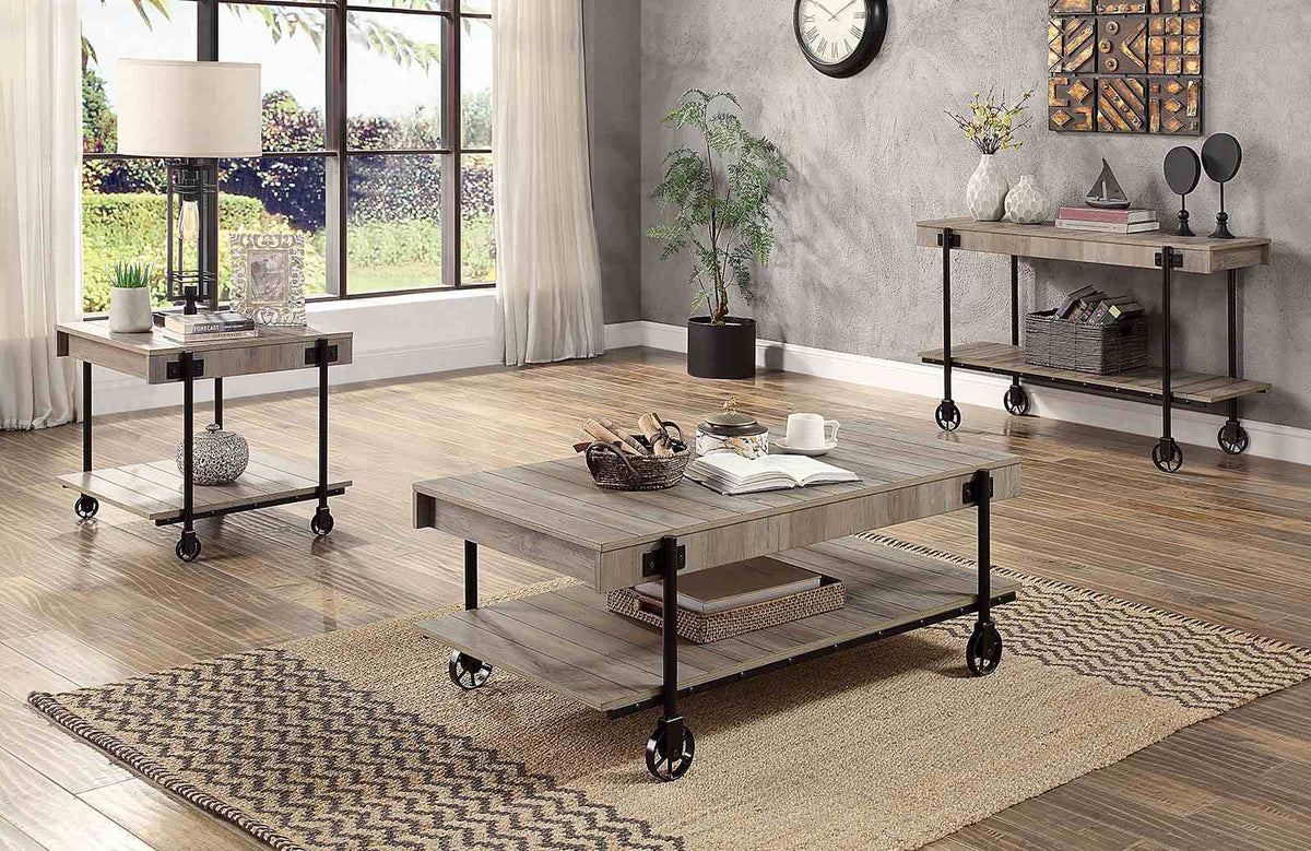 Lobb Industrial Coffee, End & Sofa Tables - Slat Design with Wheel Legs in Natural Tone & Black – Natural & Black, view 4