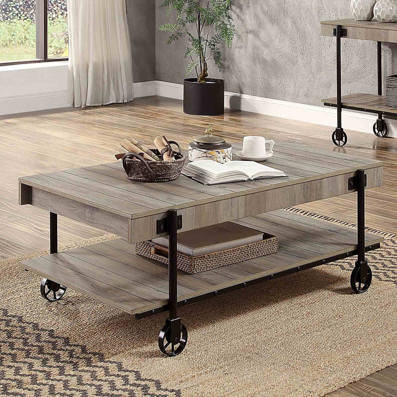 Lobb Industrial Coffee, End & Sofa Tables - Slat Design with Wheel Legs in Natural Tone & Black