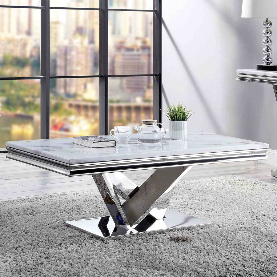 Villarsglane Glam Faux Marble Occasional Tables - Coffee, End & Sofa Table with Chrome V-Pedestal