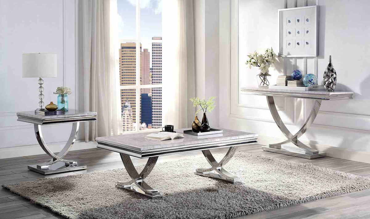 Wettingen Glam Faux Marble Coffee, End & Sofa Tables - Chrome Stainless Steel Pedestal Base – White & Silver, view 4