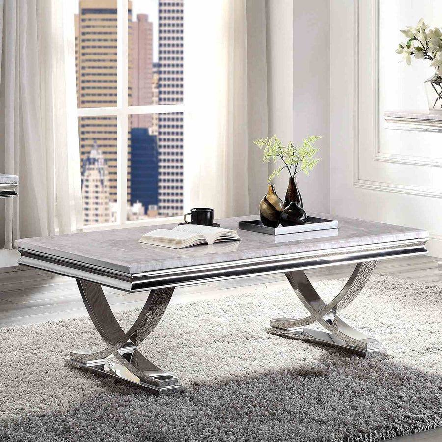 Wettingen Glam Faux Marble Coffee, End & Sofa Tables - Chrome Stainless Steel Pedestal Base