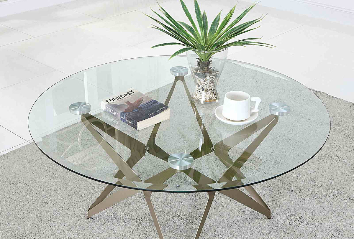 Alvise Contemporary Champagne End Table - Satin-Plated Steel with 8mm Tempered Glass – Gold, view 3