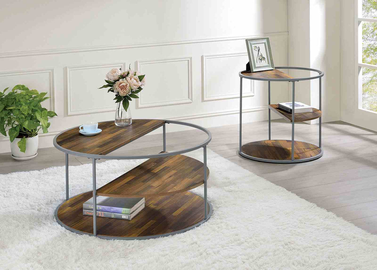 Orrin Industrial Coffee & End Table - 3-Tier Gray Steel Frame with Walnut-Look Shelves – Gray & Brown, view 3