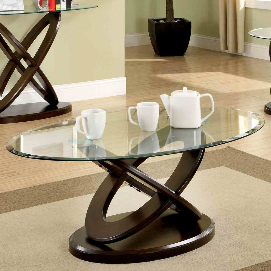 Atwood II Contemporary Glass Top Coffee, End & Sofa Tables - Cross-Oval Base in Dark Walnut