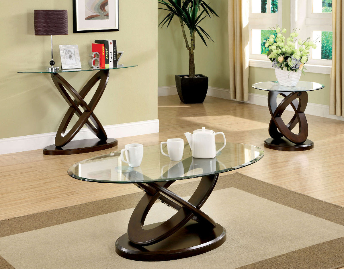 Atwood II Contemporary Glass Top Coffee, End & Sofa Tables - Cross-Oval Base in Dark Walnut – Brown, view 4