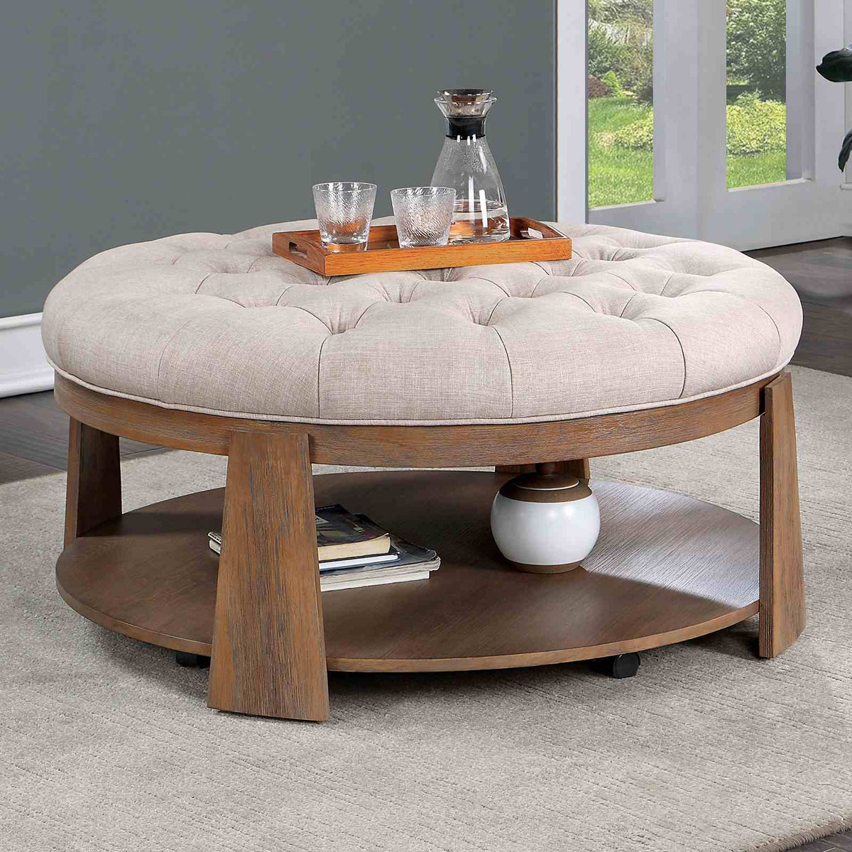 Guis Transitional Round Coffee Table with Tufted Linen Top - Natural/Beige