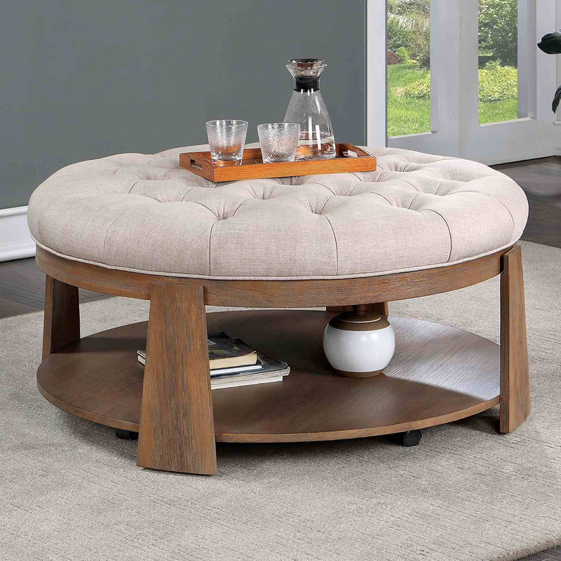 Guis Transitional Round Coffee Table with Tufted Linen Top - Natural Tone with Beige or Dark Gray