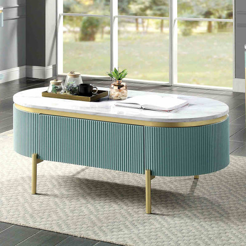 Koblenz Glam Occasional Tables - Faux Marble Top with Gold Steel Frame & Reeded Light Teal Panels